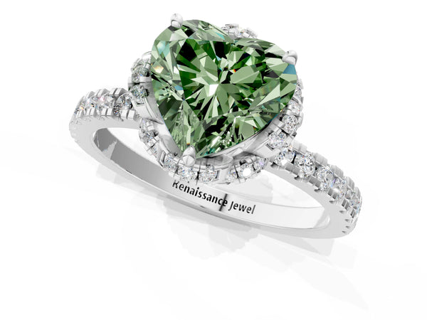 Platinum Fancy Green Heart Cut Diamond Halo Pave Band with Four-Prong Setting