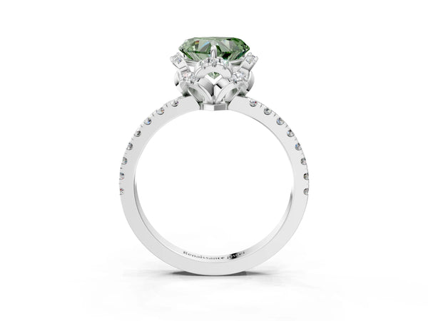 Platinum Fancy Green Heart Cut Diamond Halo Pave Band with Four-Prong Setting