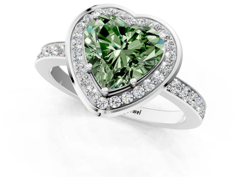 White gold Fancy Green Heart Cut Diamond Halo Ring with Bezel Frame and Pavé Band_1