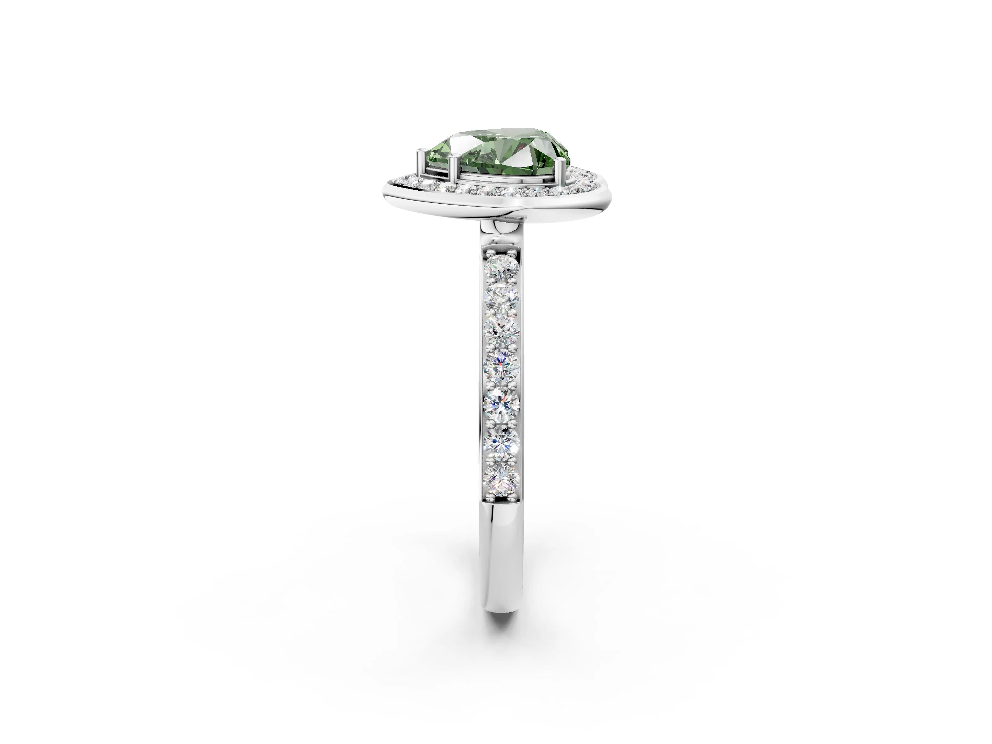 White gold Fancy Green Heart Cut Diamond Halo Ring with Bezel Frame and Pavé Band_2