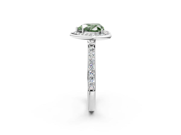 White gold Fancy Green Heart Cut Diamond Halo Ring with Bezel Frame and Pavé Band