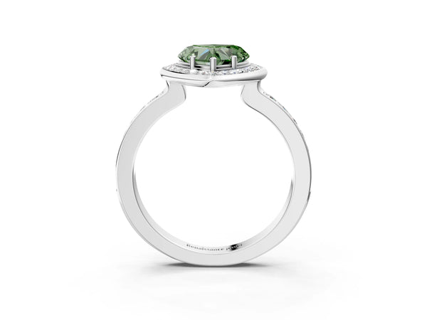 White gold Fancy Green Heart Cut Diamond Halo Ring with Bezel Frame and Pavé Band
