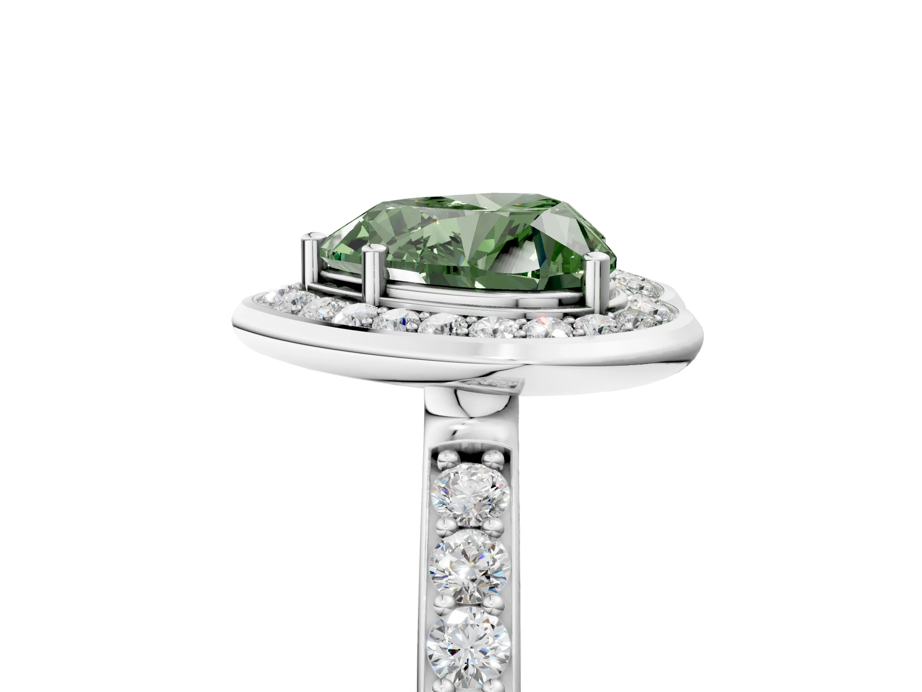 White gold Fancy Green Heart Cut Diamond Halo Ring with Bezel Frame and Pavé Band_5