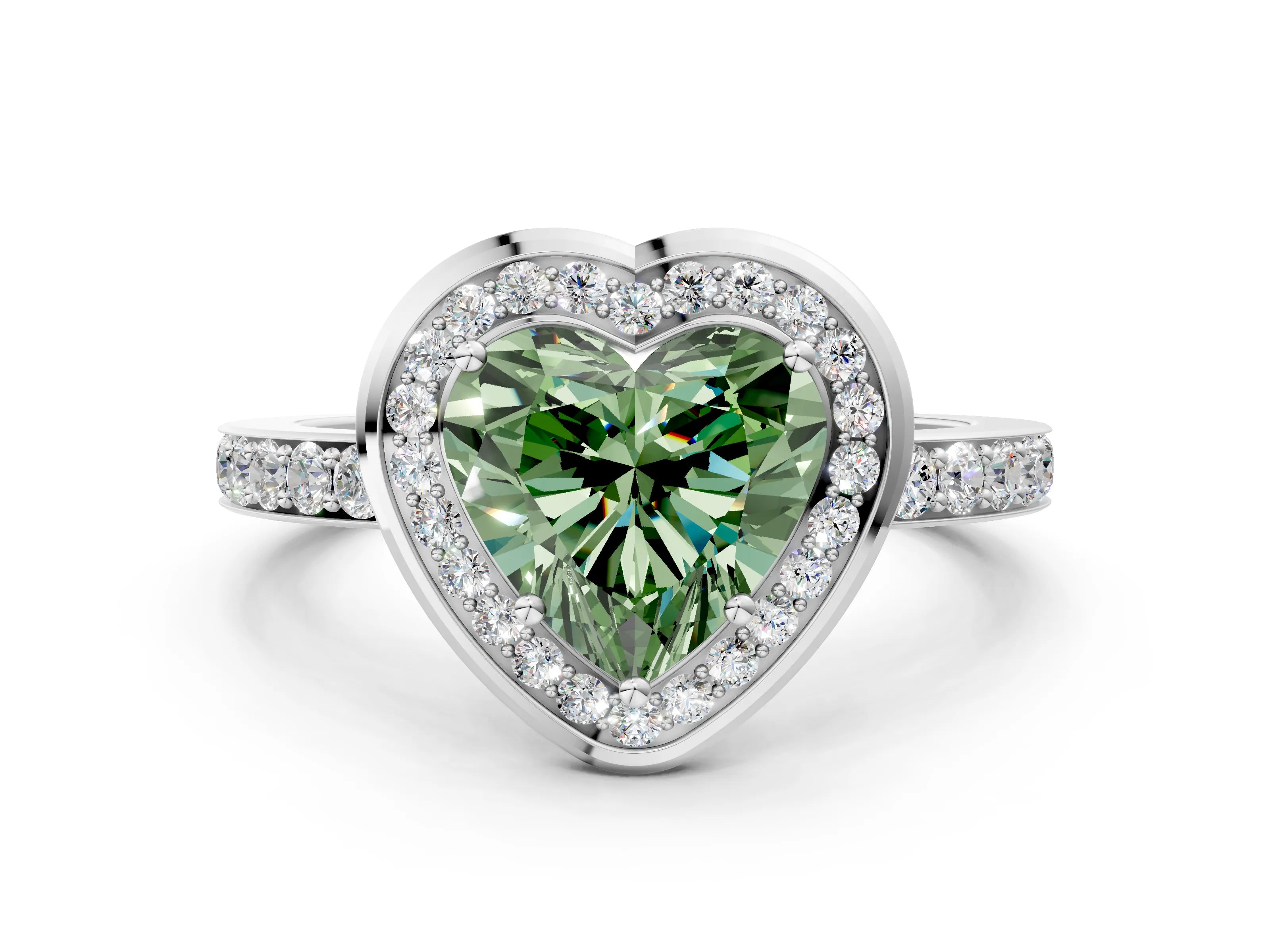 White gold Fancy Green Heart Cut Diamond Halo Ring with Bezel Frame and Pavé Band