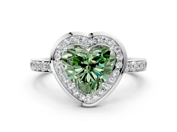 White gold Fancy Green Heart Cut Diamond Halo Ring with Bezel Frame and Pavé Band