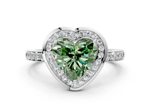 White gold Fancy Green Heart Cut Diamond Halo Ring with Bezel Frame and Pavé Band