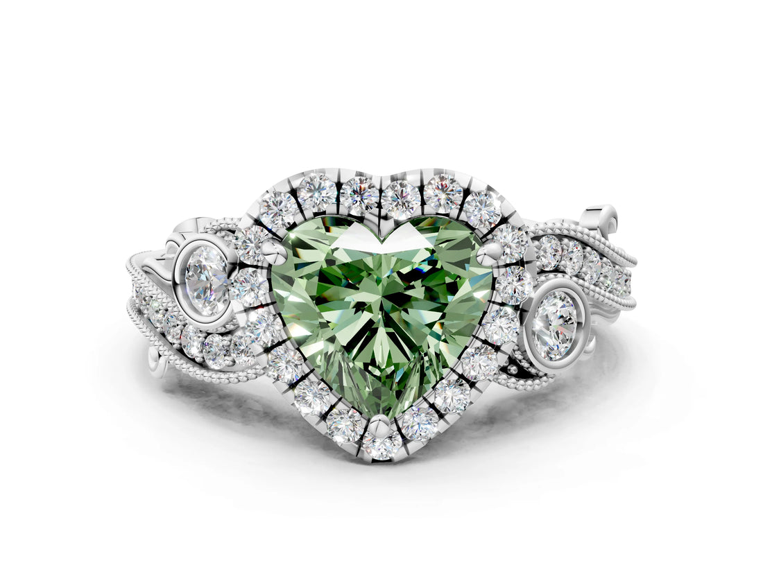 White gold Fancy Green Heart Cut Diamond Halo Ring with Milgrain Pavé Band and Four-Prong Setting_29