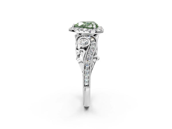 White gold Fancy Green Heart Cut Diamond Halo Ring with Milgrain Pavé Band and Four-Prong Setting