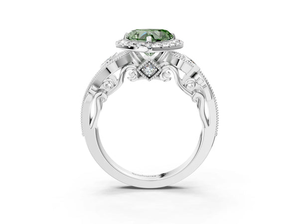White gold Fancy Green Heart Cut Diamond Halo Ring with Milgrain Pavé Band and Four-Prong Setting