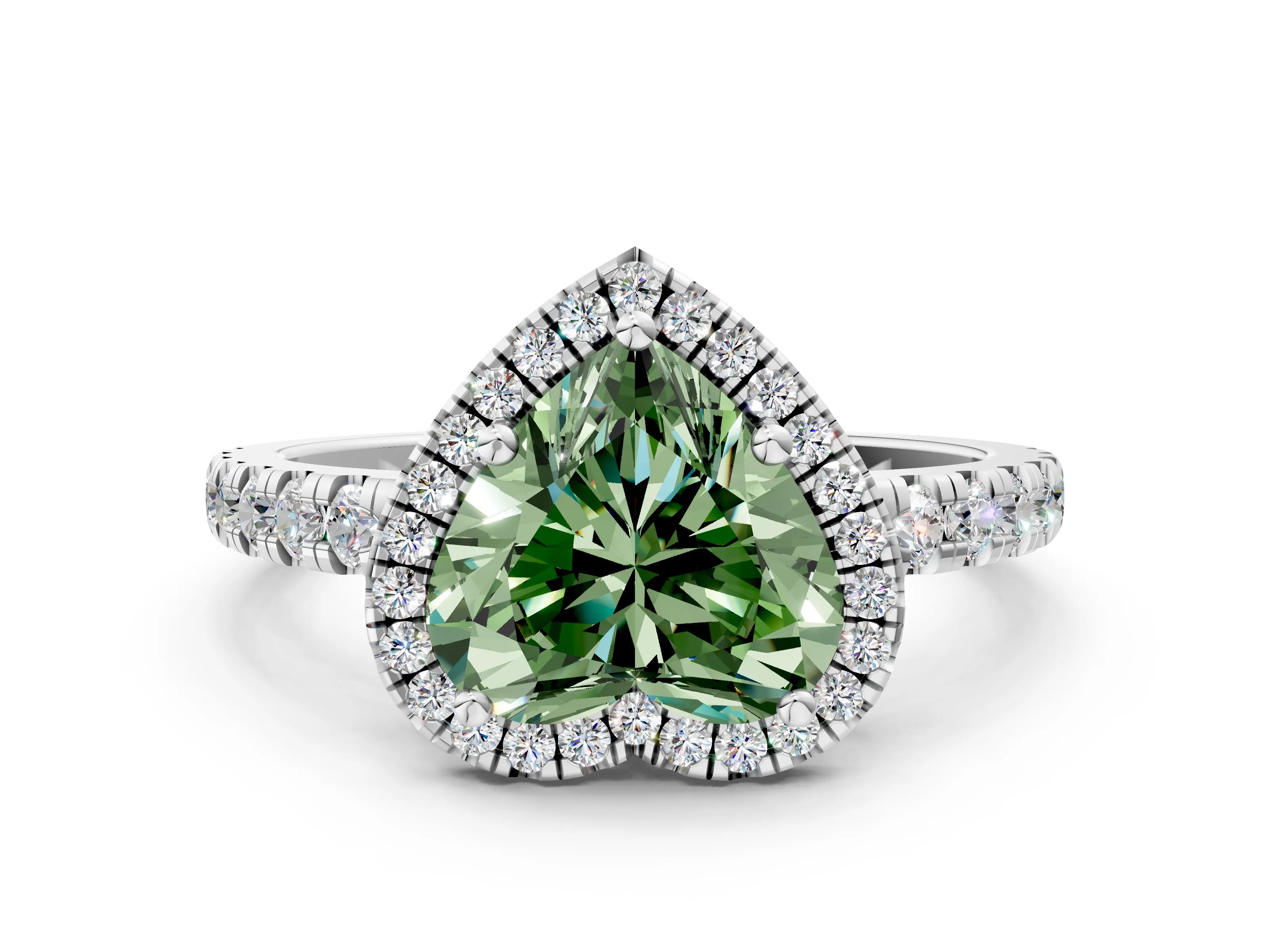 White gold Fancy Green Heart Cut Diamond Halo Ring with Pavé Band and Four-Prong Setting_12