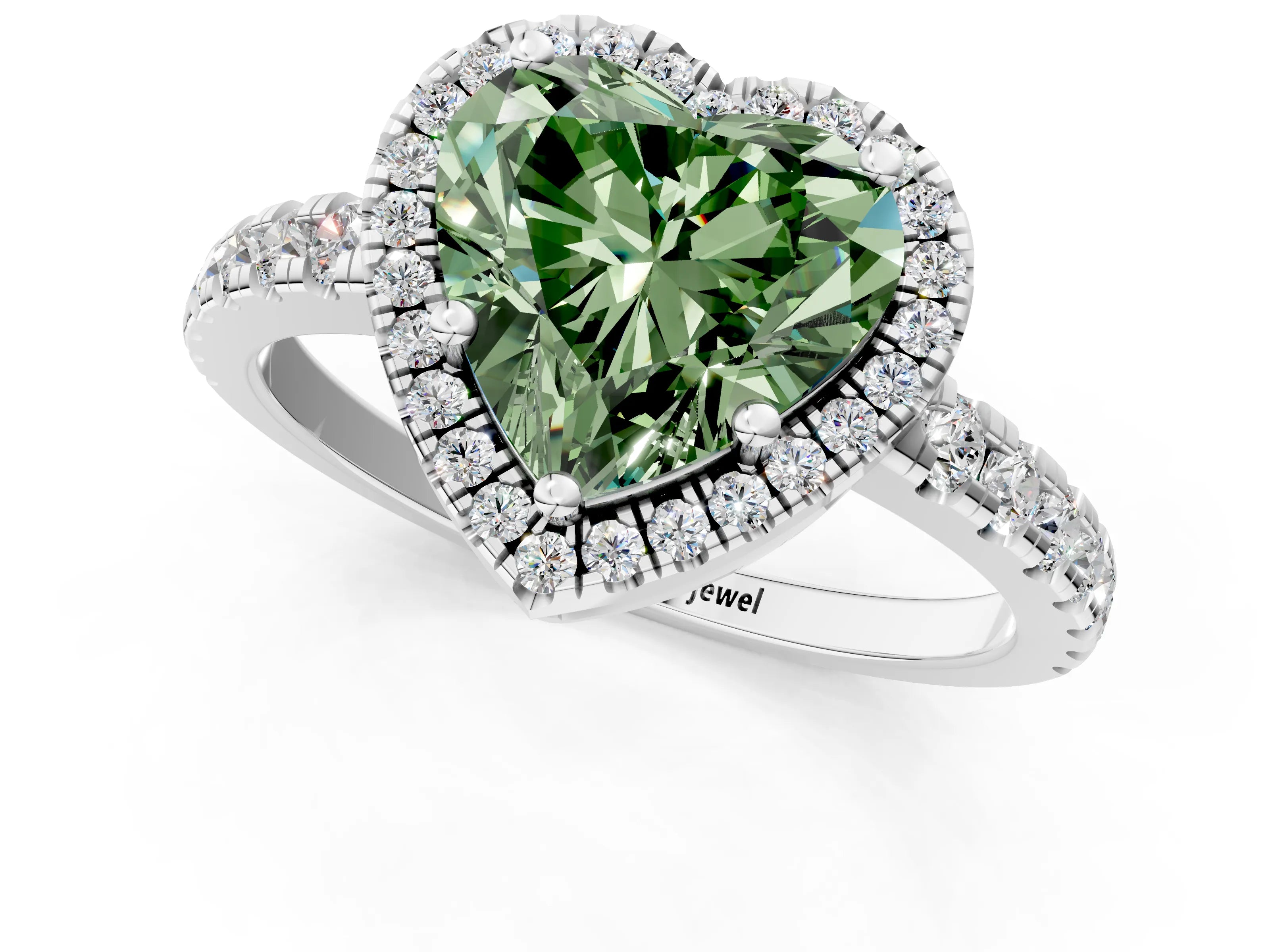 White gold Fancy Green Heart Cut Diamond Halo Ring with Pavé Band and Four-Prong Setting_13