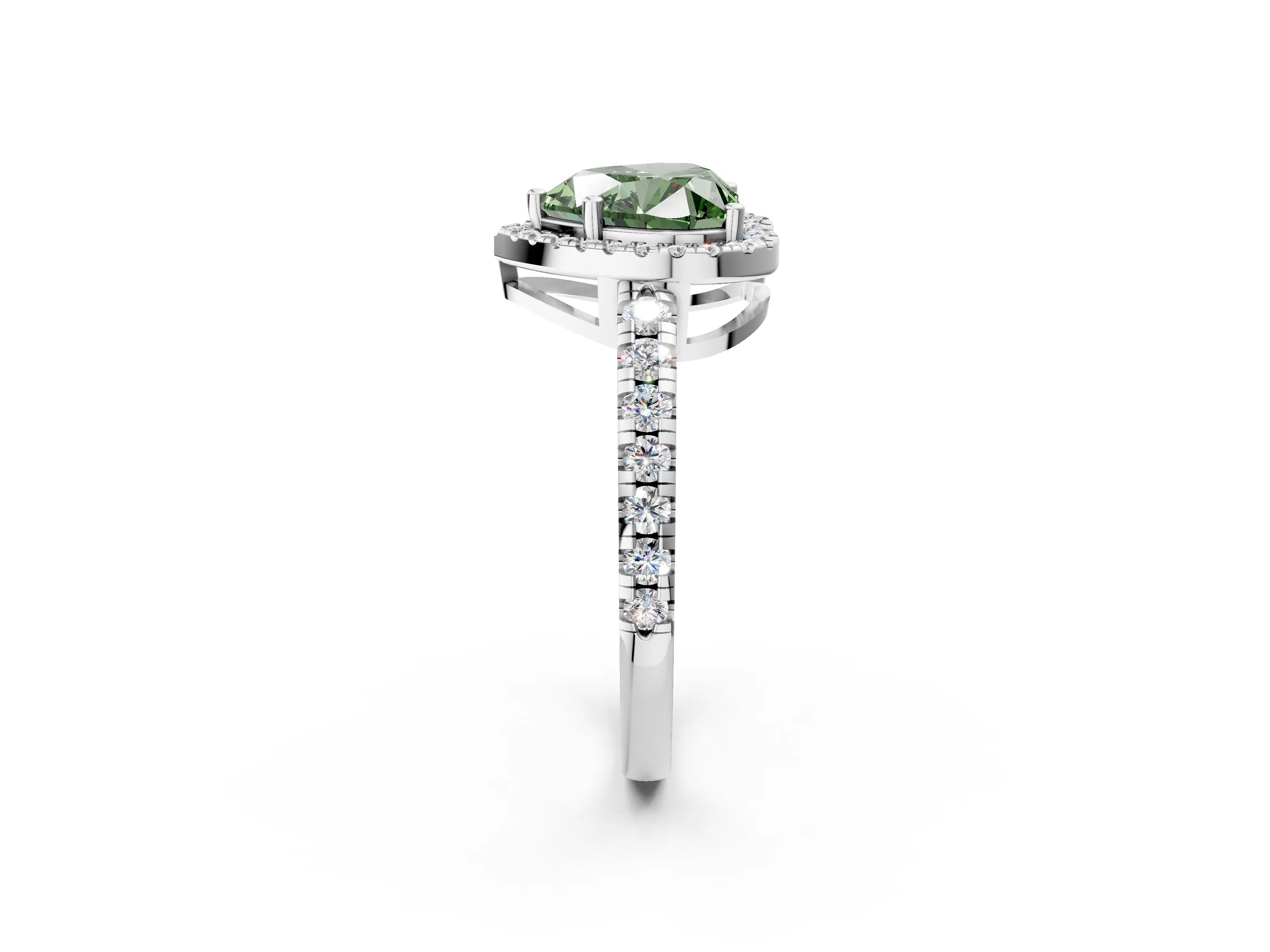 White gold Fancy Green Heart Cut Diamond Halo Ring with Pavé Band and Four-Prong Setting_14