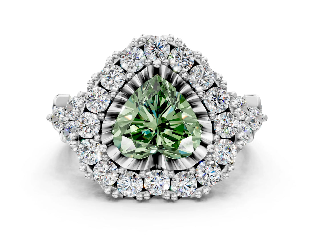 White gold Fancy Green Heart Cut Diamond Halo Ring with Pavé Band and Four-Prong Setting_29