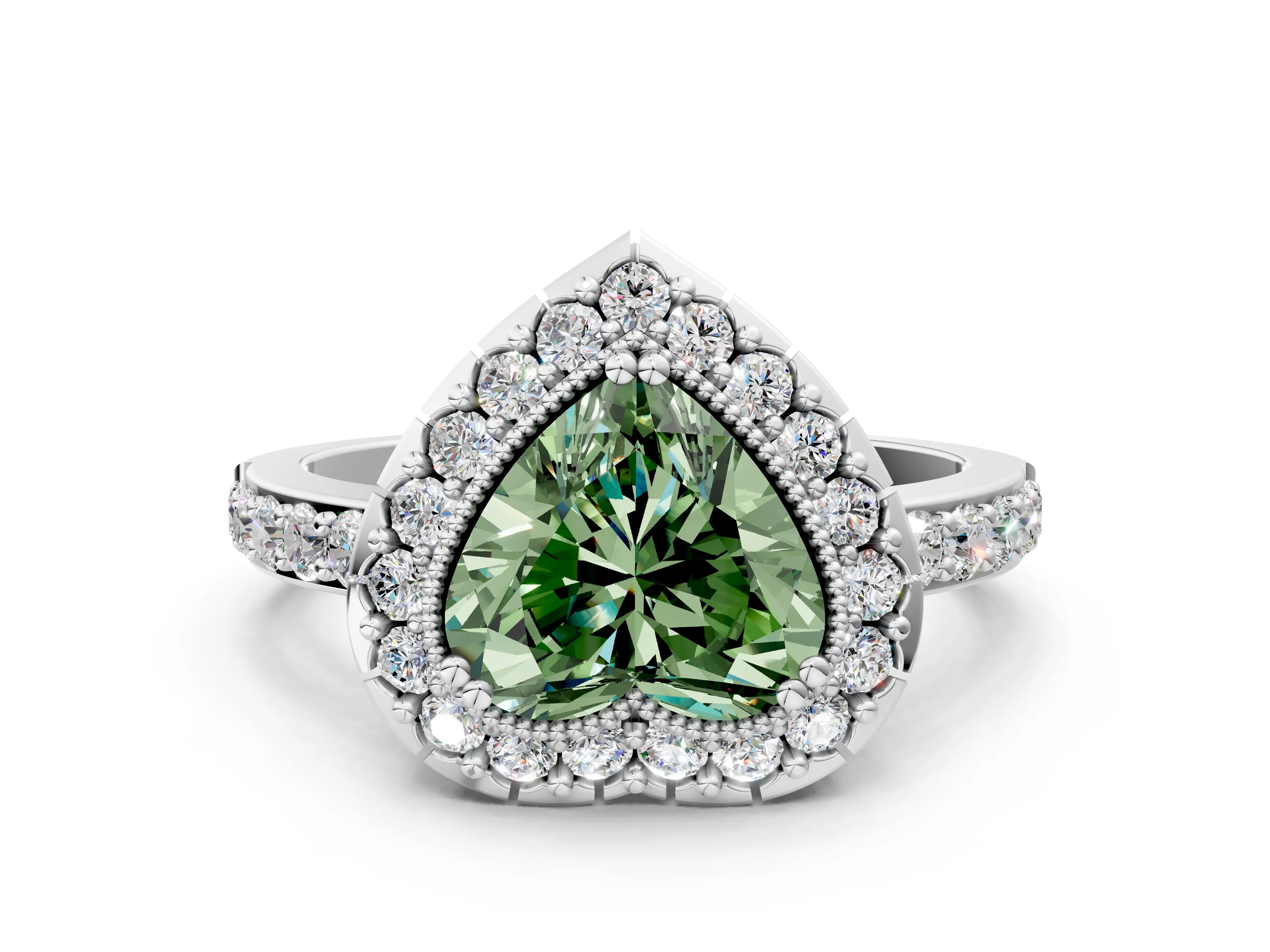 White gold Fancy Green Heart Cut Diamond Halo Ring with Pavé Band and Prong Setting_12
