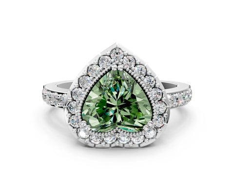 White gold Fancy Green Heart Cut Diamond Halo Ring with Pavé Band and Prong Setting_12