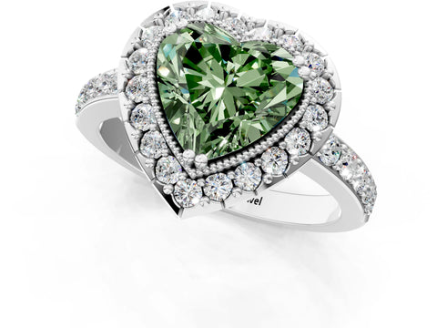 White gold Fancy Green Heart Cut Diamond Halo Ring with Pavé Band and Prong Setting_13