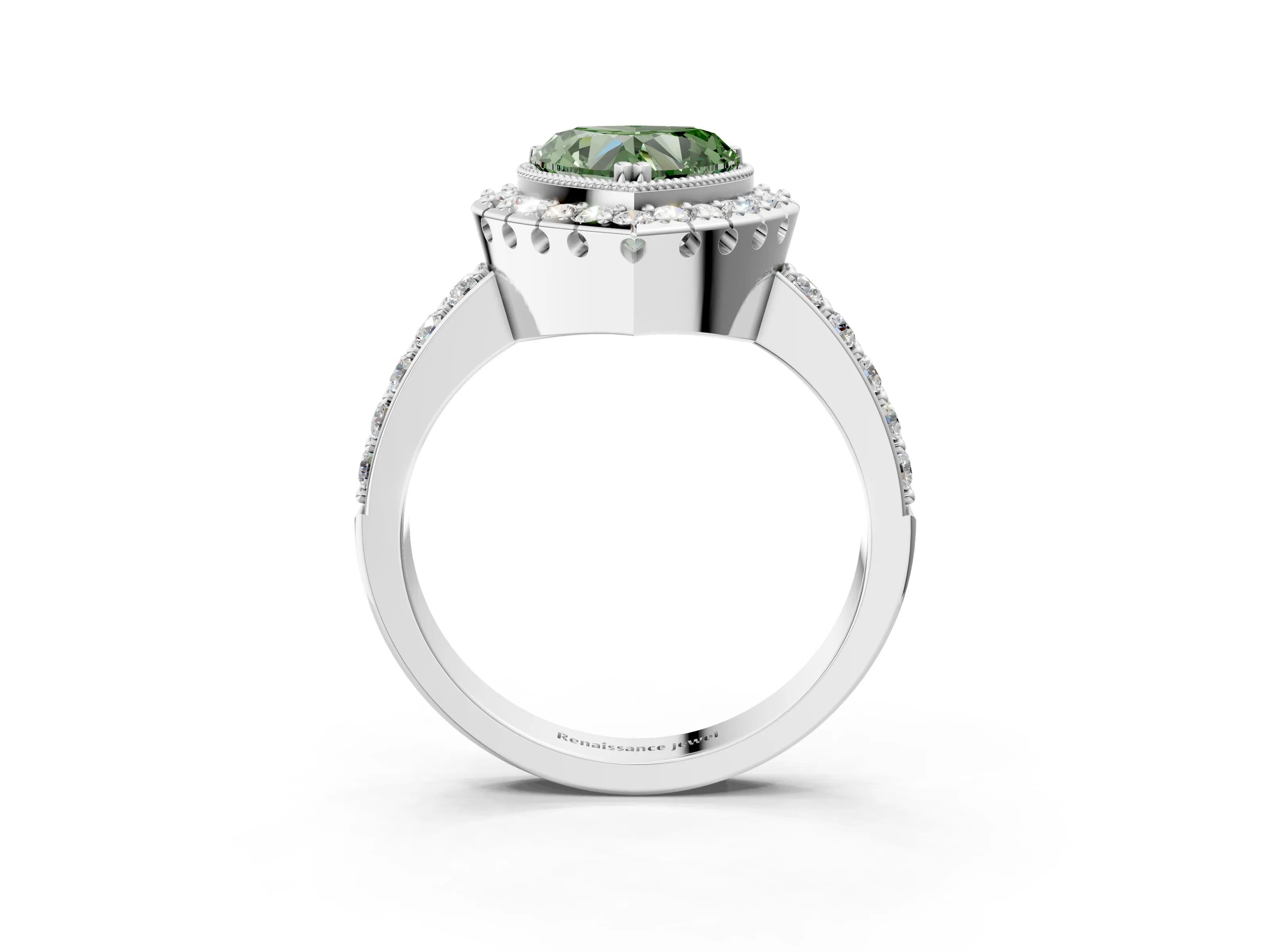 White gold Fancy Green Heart Cut Diamond Halo Ring with Pavé Band and Prong Setting_15