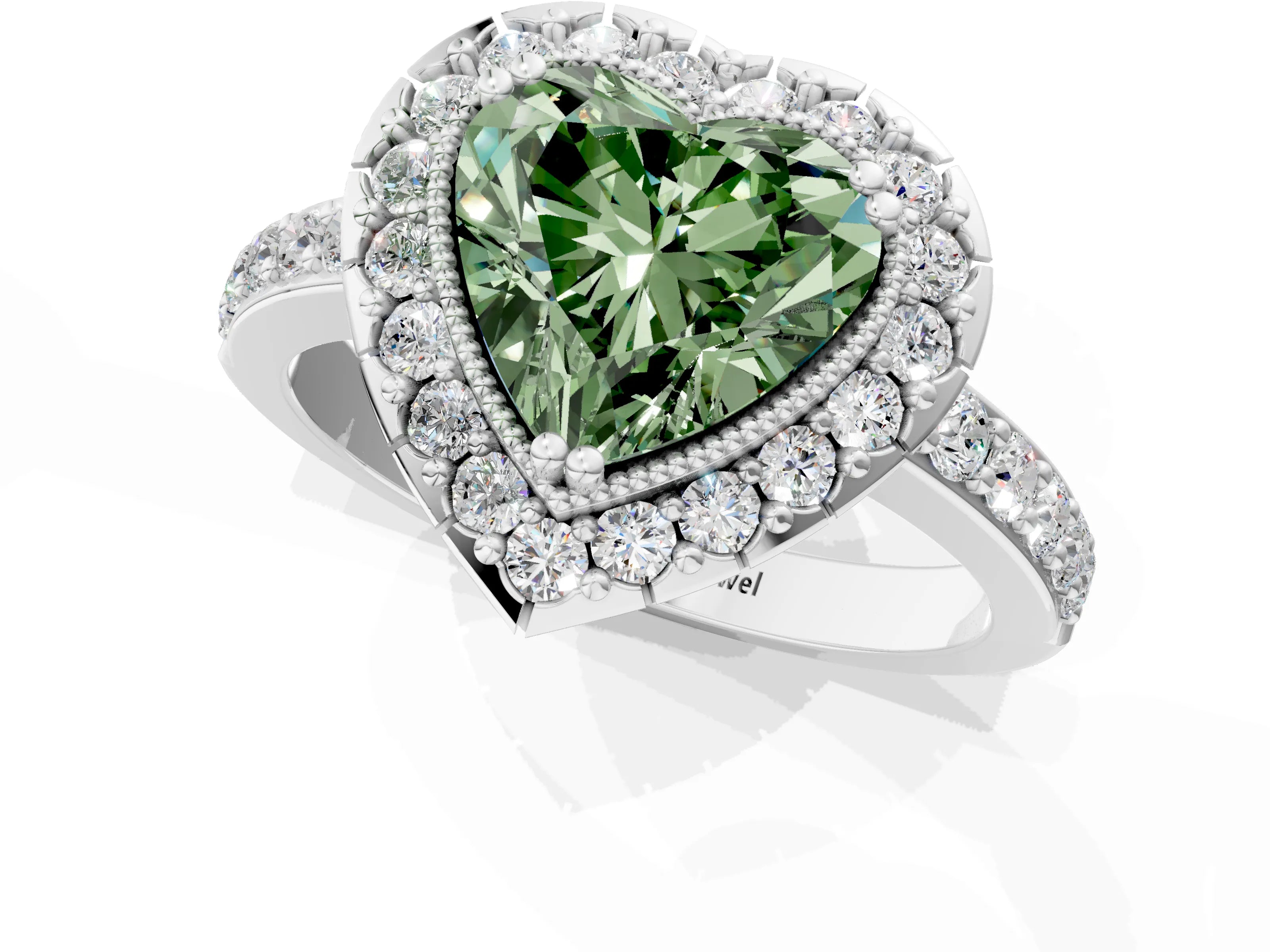 White gold Fancy Green Heart Cut Diamond Halo Ring with Pavé Band and Prong Setting_1