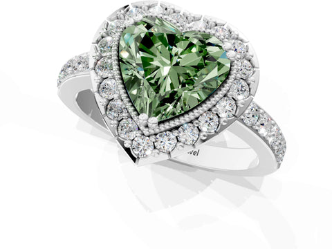 White gold Fancy Green Heart Cut Diamond Halo Ring with Pavé Band and Prong Setting_1