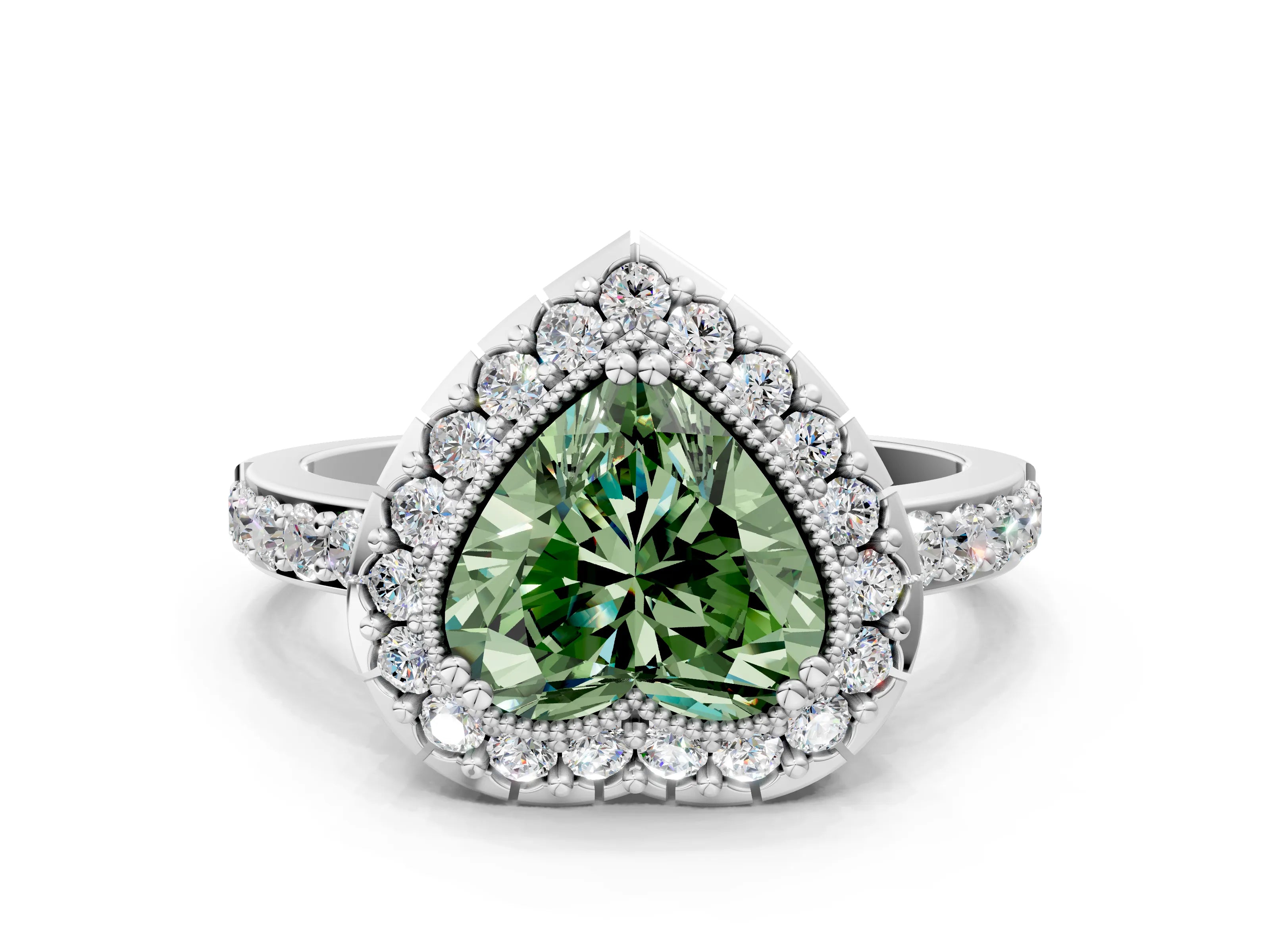 White gold Fancy Green Heart Cut Diamond Halo Ring with Pavé Band and Prong Setting