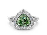 White gold Fancy Green Heart Cut Diamond Halo Ring with Pavé Band and Prong Setting