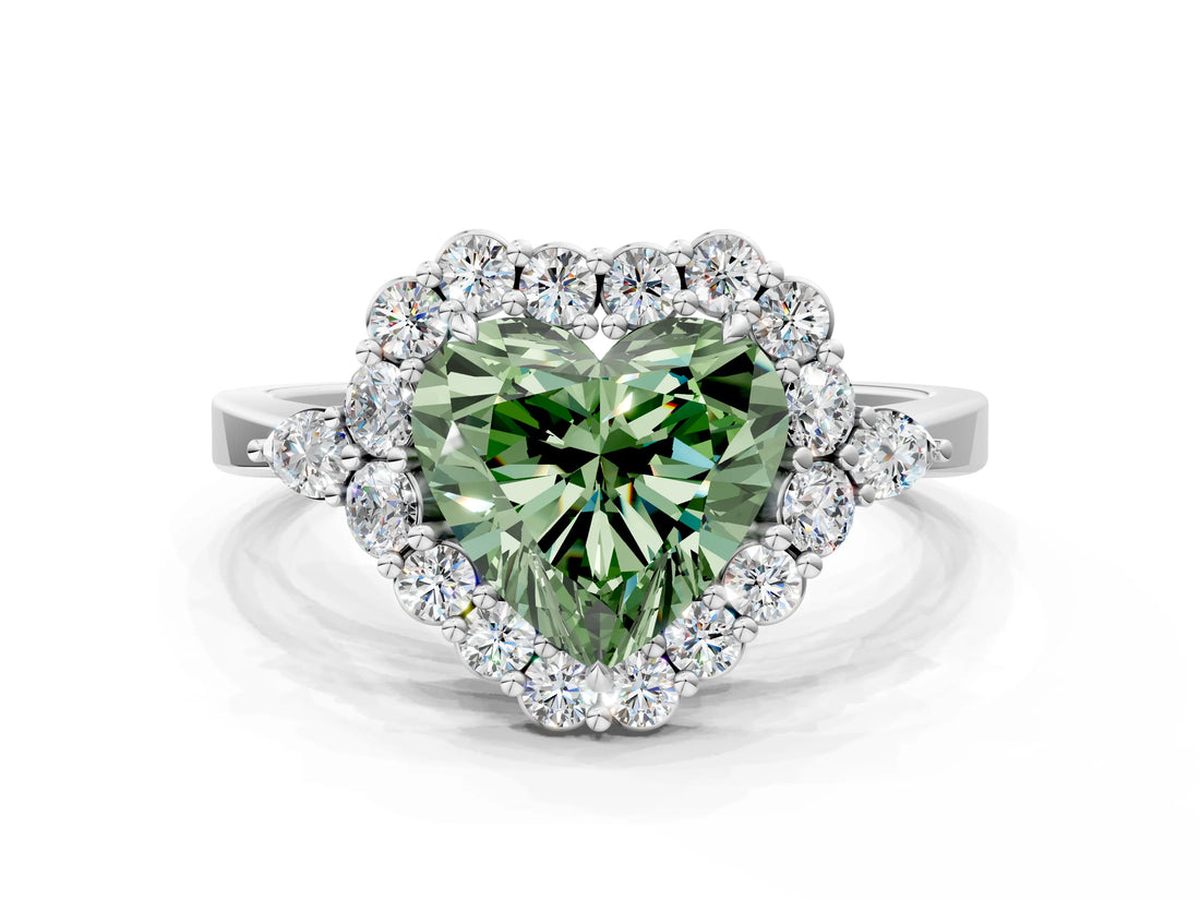 White gold Fancy Green Heart Cut Diamond Halo Ring with Pear Side Stones and Prong Setting_41