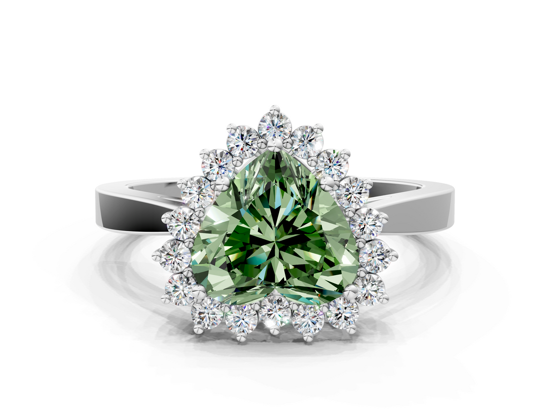 White gold Fancy Green Heart  Cut Diamond Halo Ring with Round Brilliant Halo and Solitaire Band