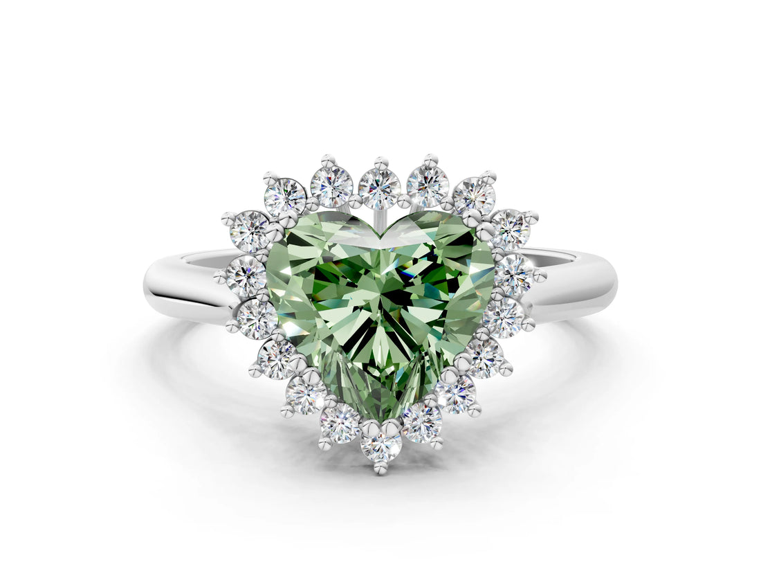 White gold Fancy Green Heart  Cut Diamond Halo Ring with Solitaire Band and Prong Setting_29