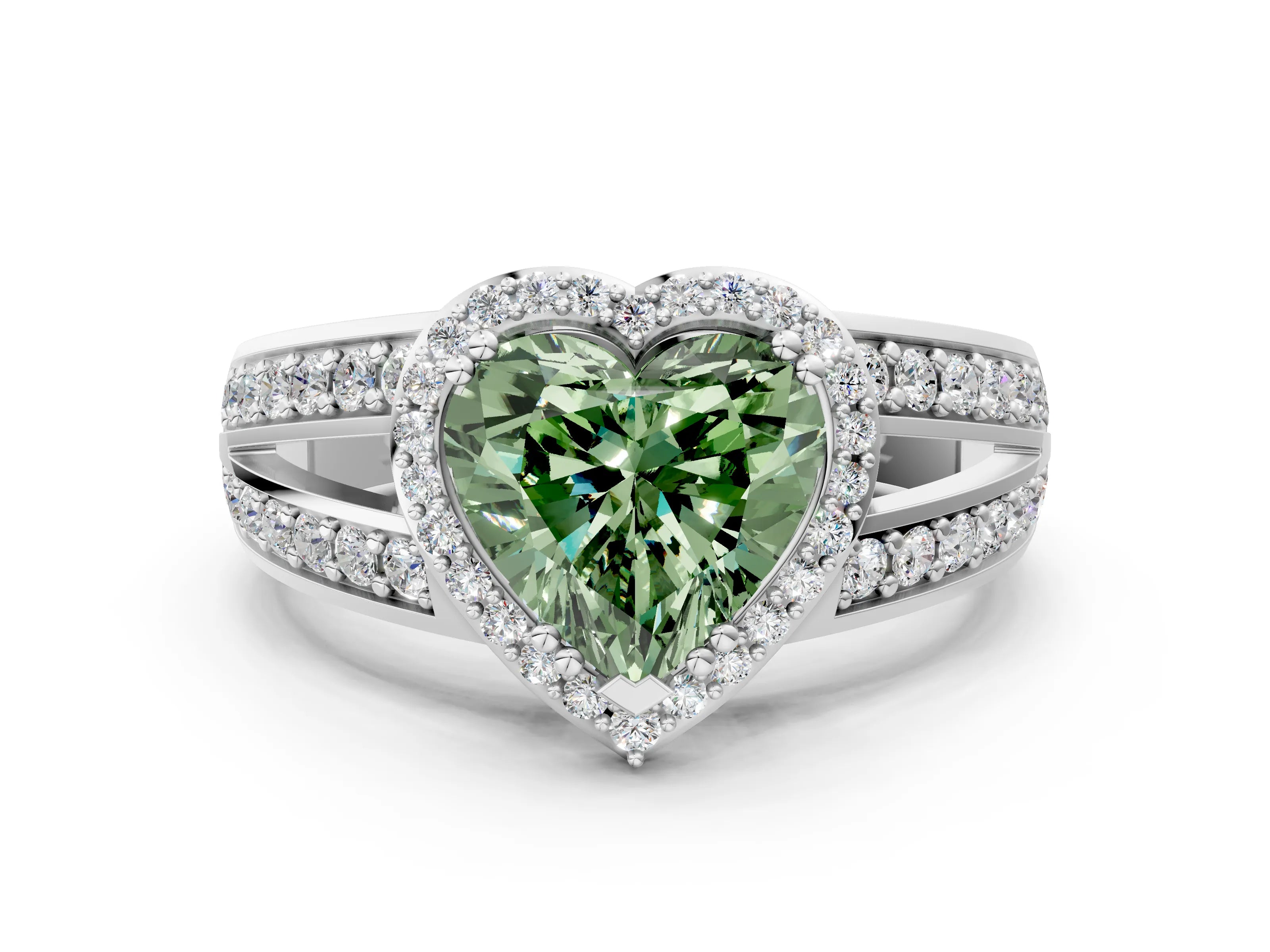White gold Fancy Green Heart Cut Diamond Halo Ring with Split Shank Pavé Band and Four-Prong Setting_12