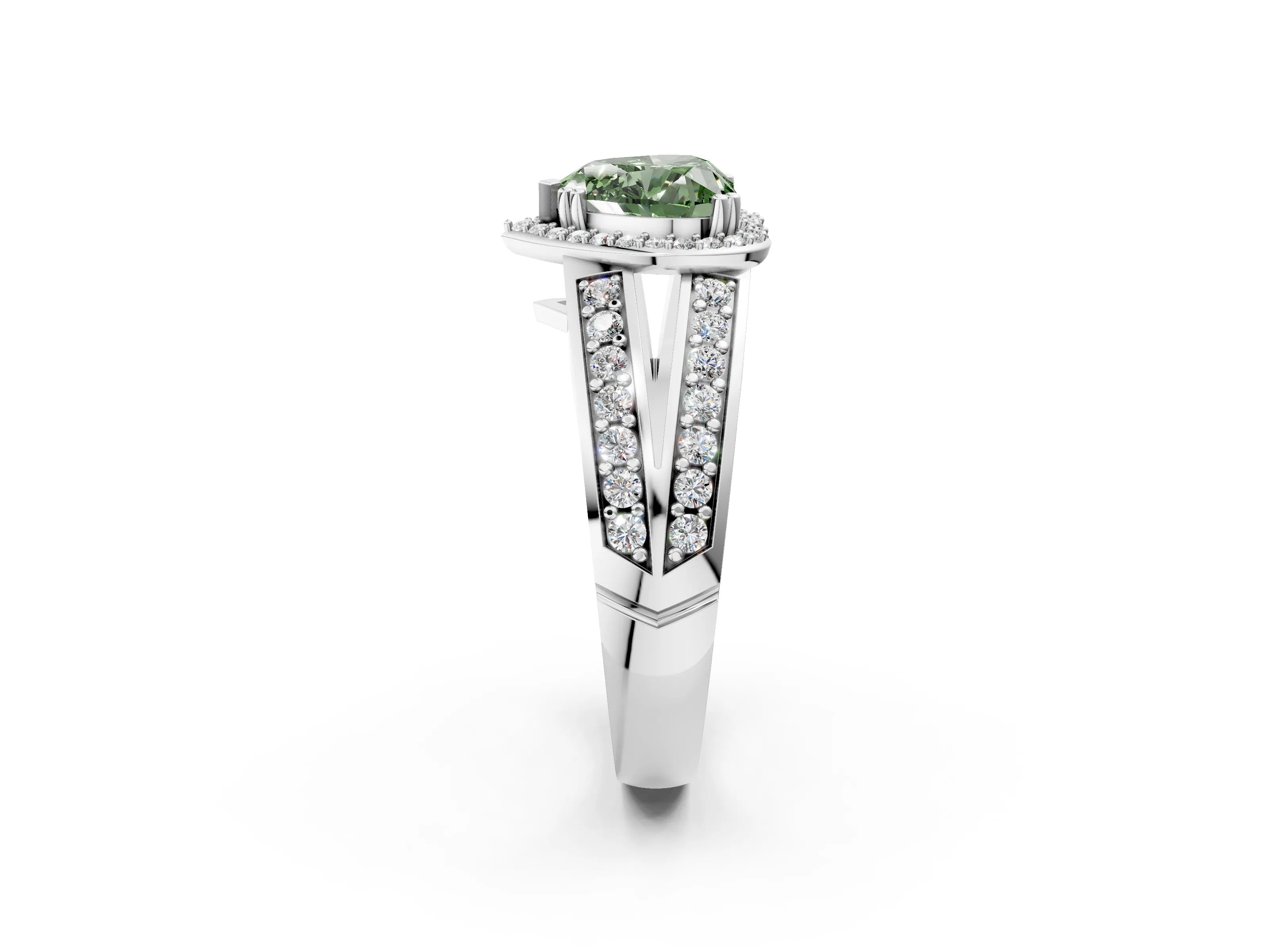 White gold Fancy Green Heart Cut Diamond Halo Ring with Split Shank Pavé Band and Four-Prong Setting_14