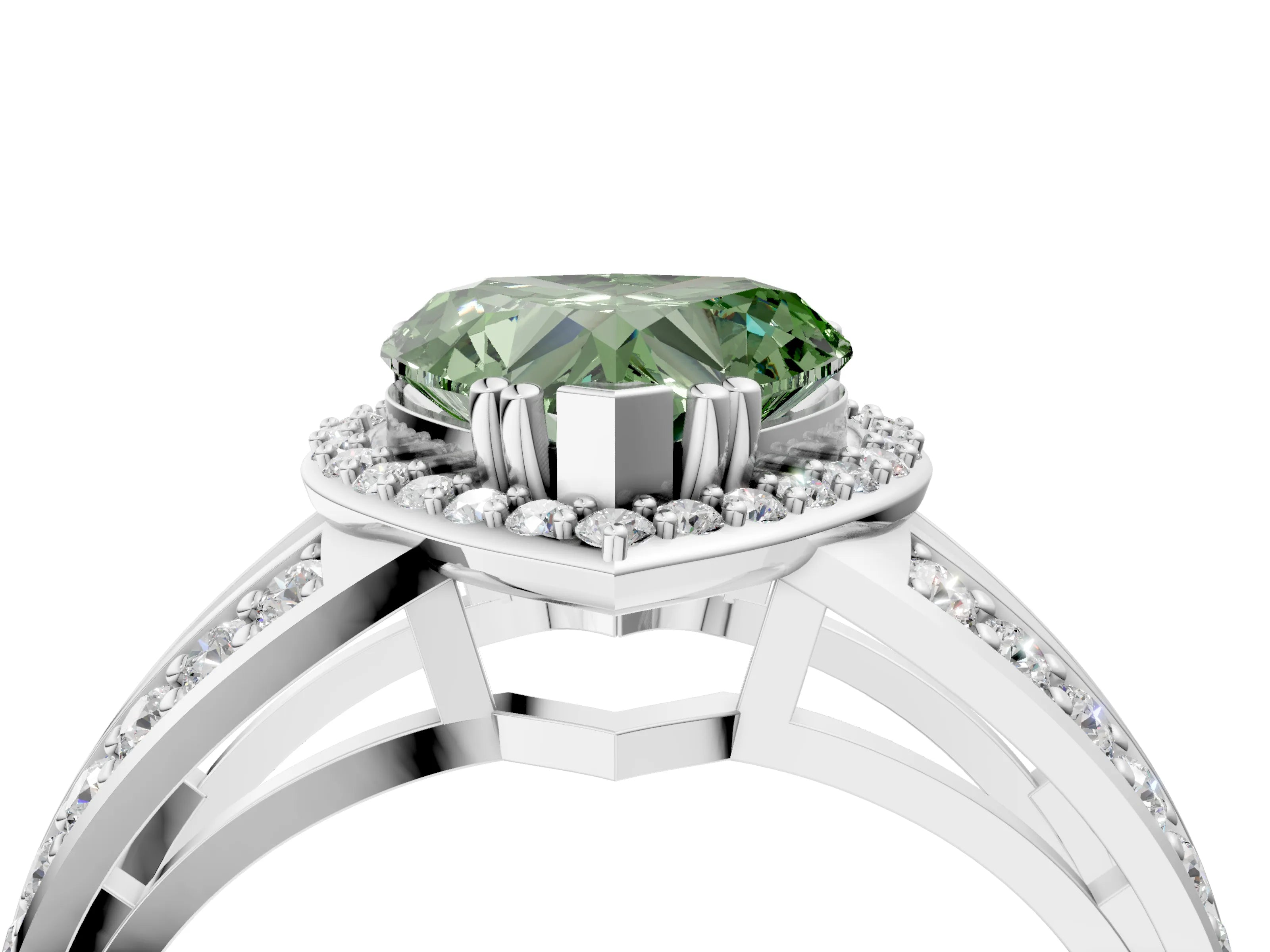 White gold Fancy Green Heart Cut Diamond Halo Ring with Split Shank Pavé Band and Four-Prong Setting_16