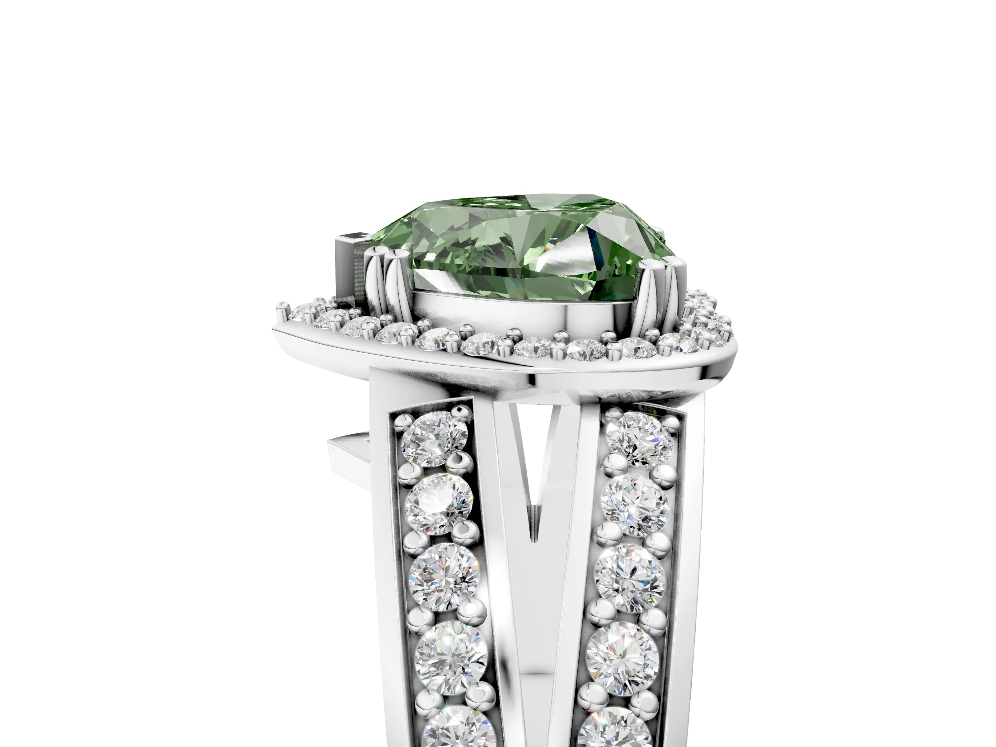 White gold Fancy Green Heart Cut Diamond Halo Ring with Split Shank Pavé Band and Four-Prong Setting_17