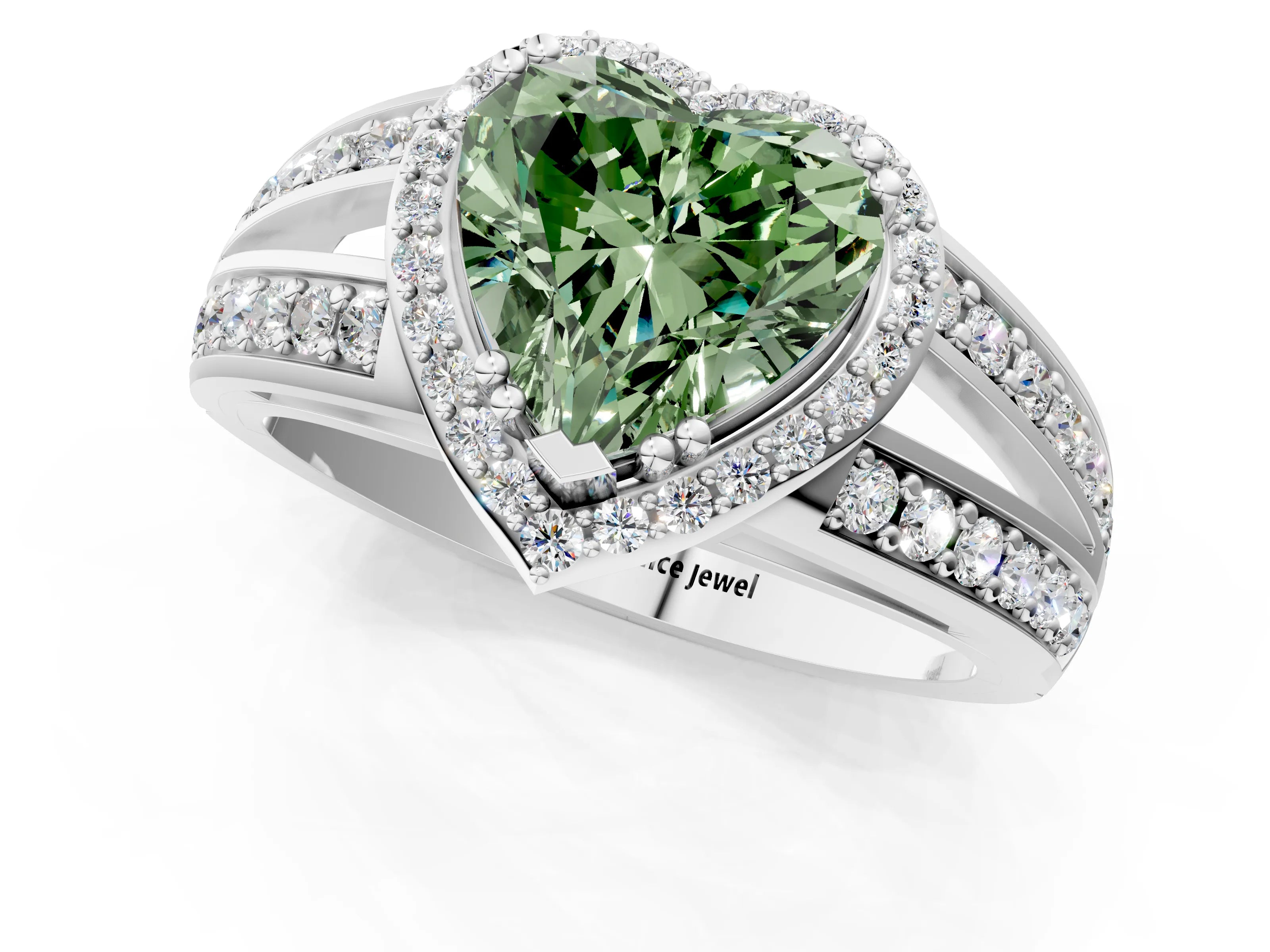 White gold Fancy Green Heart Cut Diamond Halo Ring with Split Shank Pavé Band and Four-Prong Setting_20