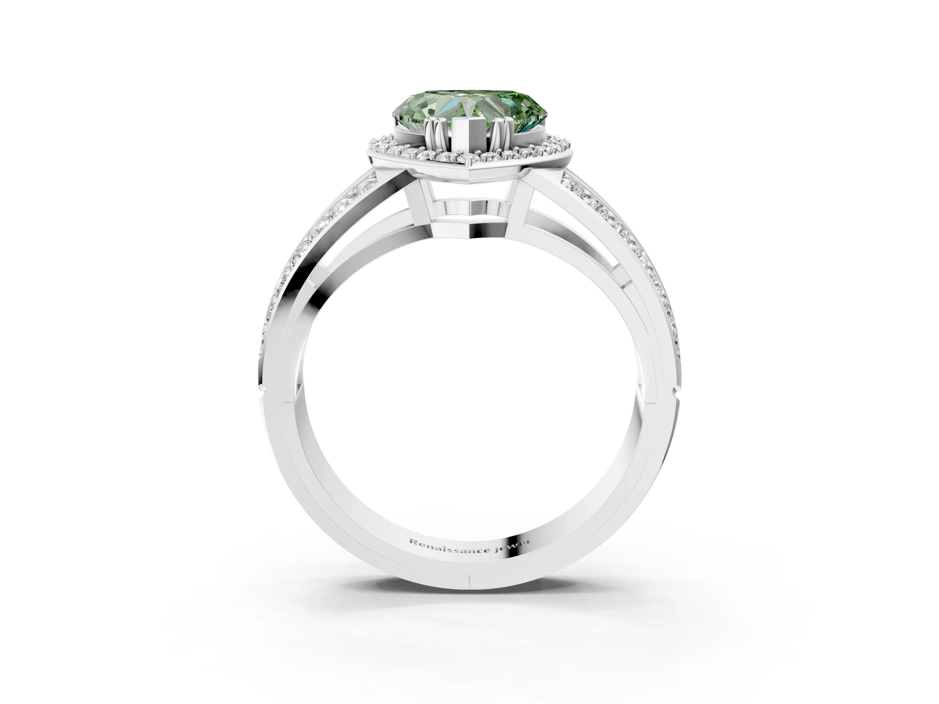 White gold Fancy Green Heart Cut Diamond Halo Ring with Split Shank Pavé Band and Four-Prong Setting_22