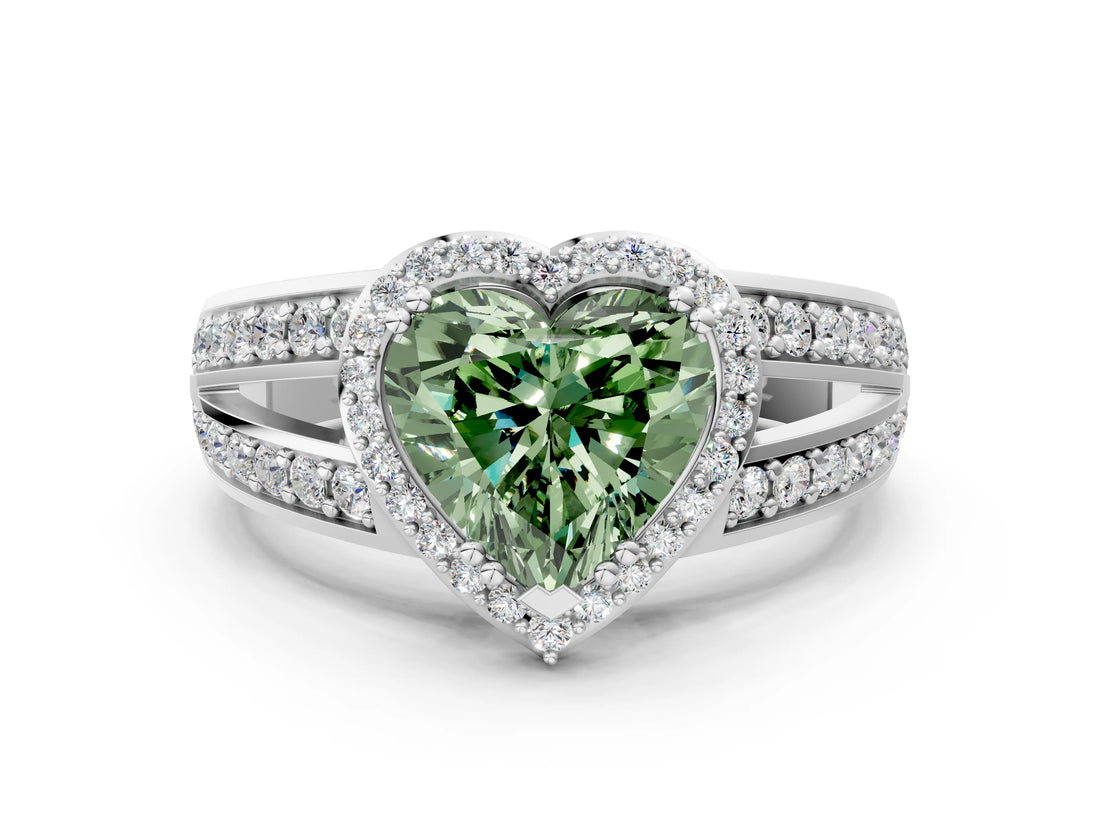 White gold Fancy Green Heart Cut Diamond Halo Ring with Split Shank Pavé Band and Four-Prong Setting_33