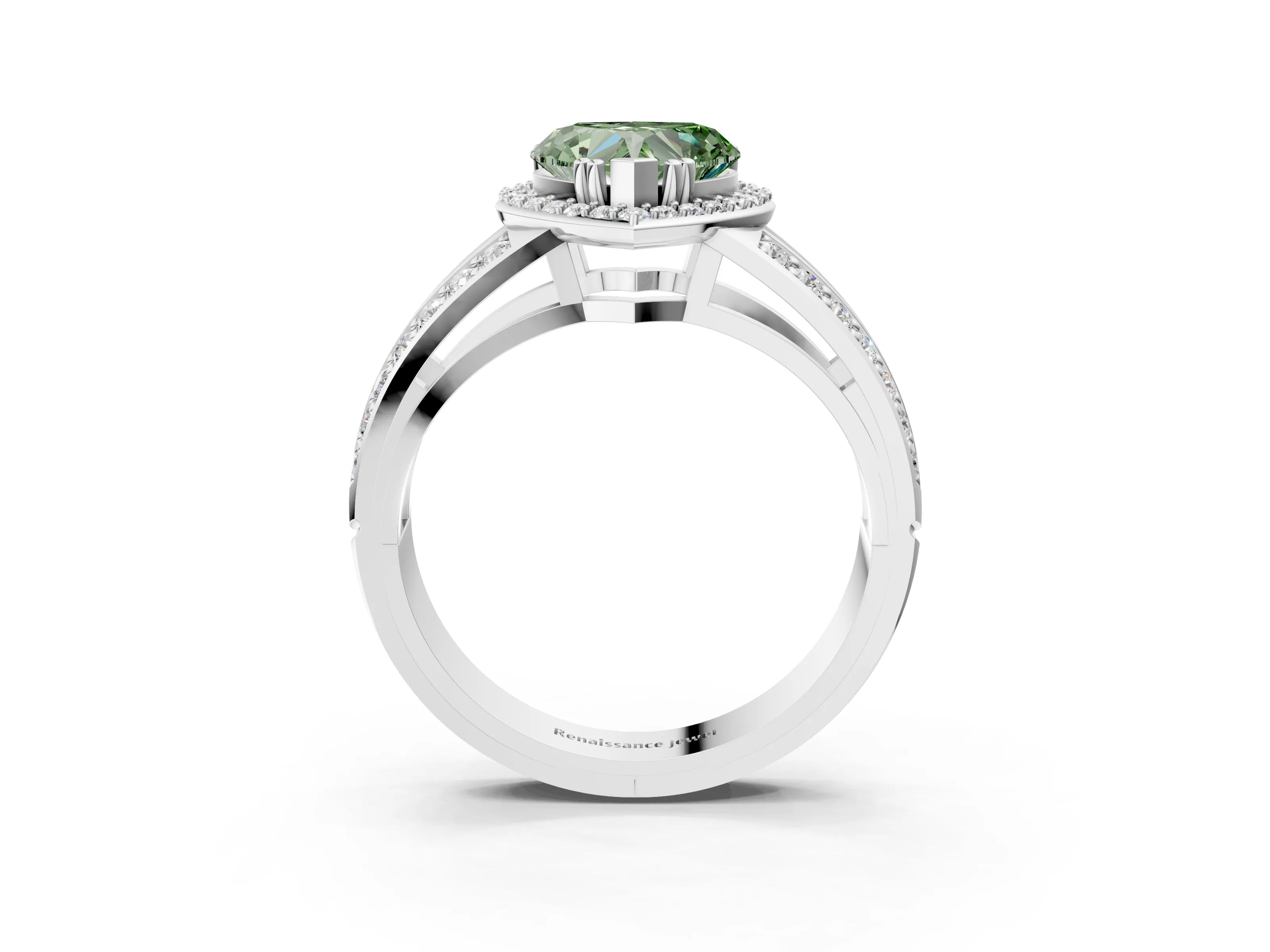 White gold Fancy Green Heart Cut Diamond Halo Ring with Split Shank Pavé Band and Four-Prong Setting_36