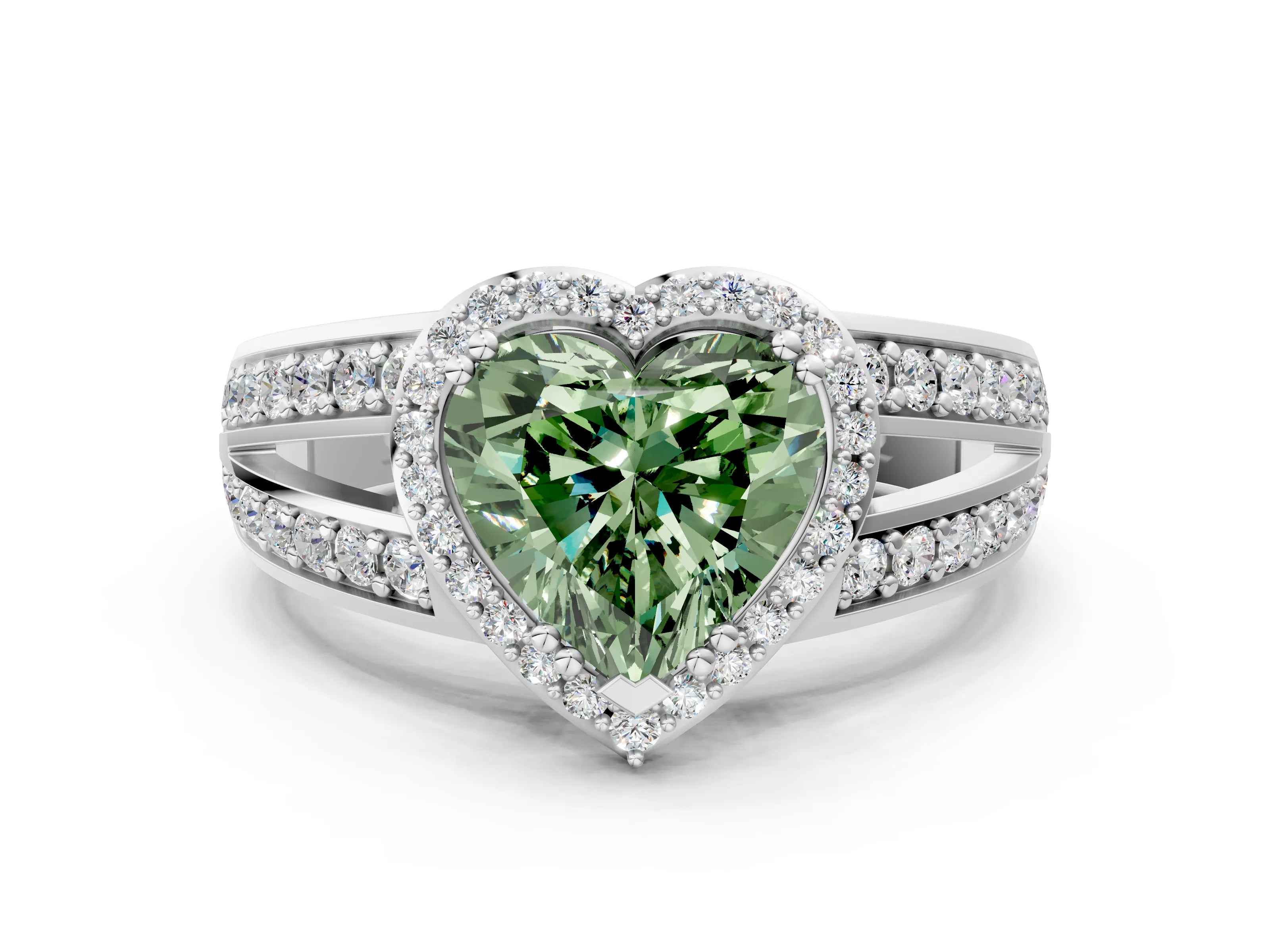 White gold Fancy Green Heart Cut Diamond Halo Ring with Split Shank Pavé Band and Four-Prong Setting_37
