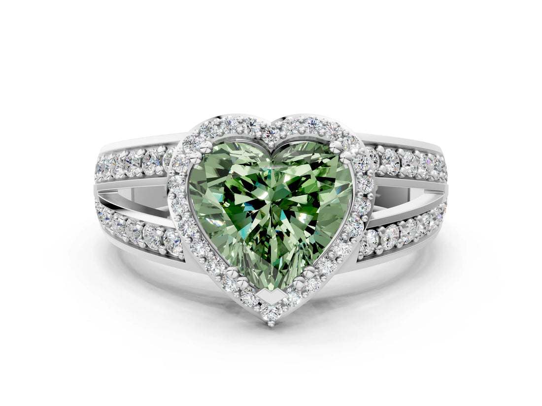 White gold Fancy Green Heart Cut Diamond Halo Ring with Split Shank Pavé Band and Four-Prong Setting_37