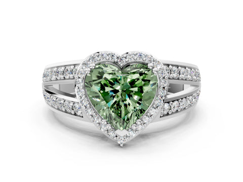 White gold Fancy Green Heart Cut Diamond Halo Ring with Split Shank Pavé Band and Four-Prong Setting_37
