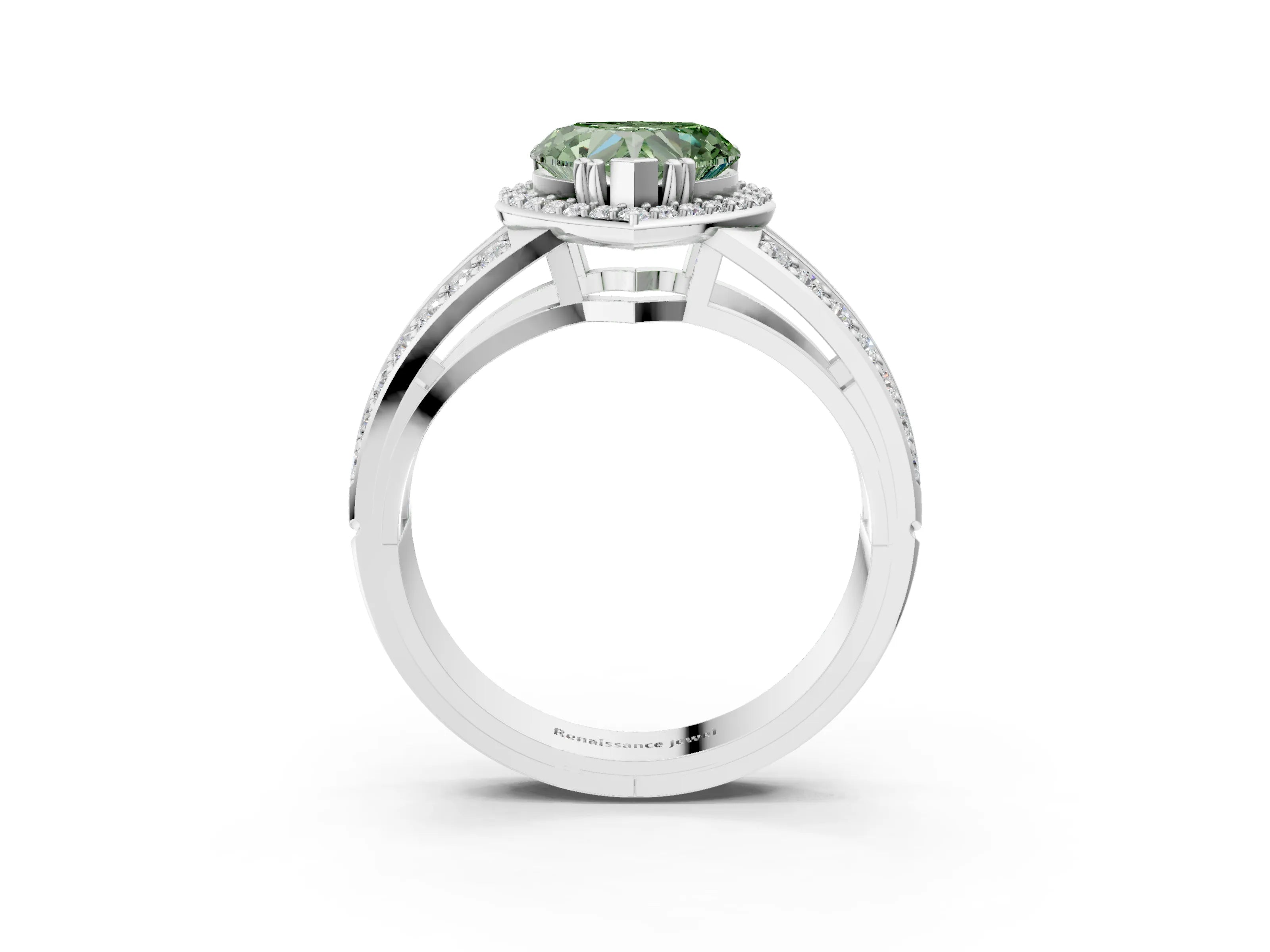 White gold Fancy Green Heart Cut Diamond Halo Ring with Split Shank Pavé Band and Four-Prong Setting_3