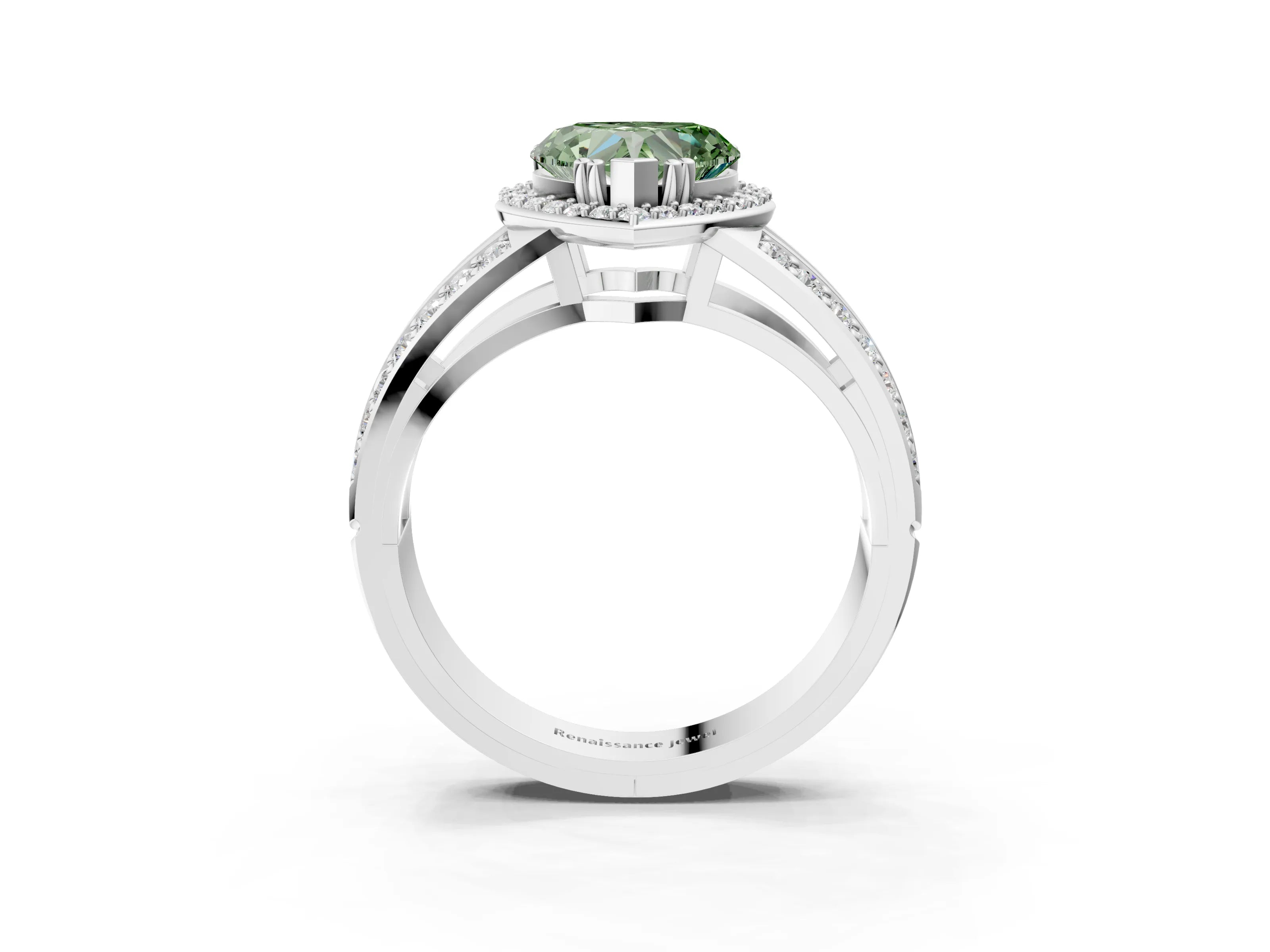 White gold Fancy Green Heart Cut Diamond Halo Ring with Split Shank Pavé Band and Four-Prong Setting_40