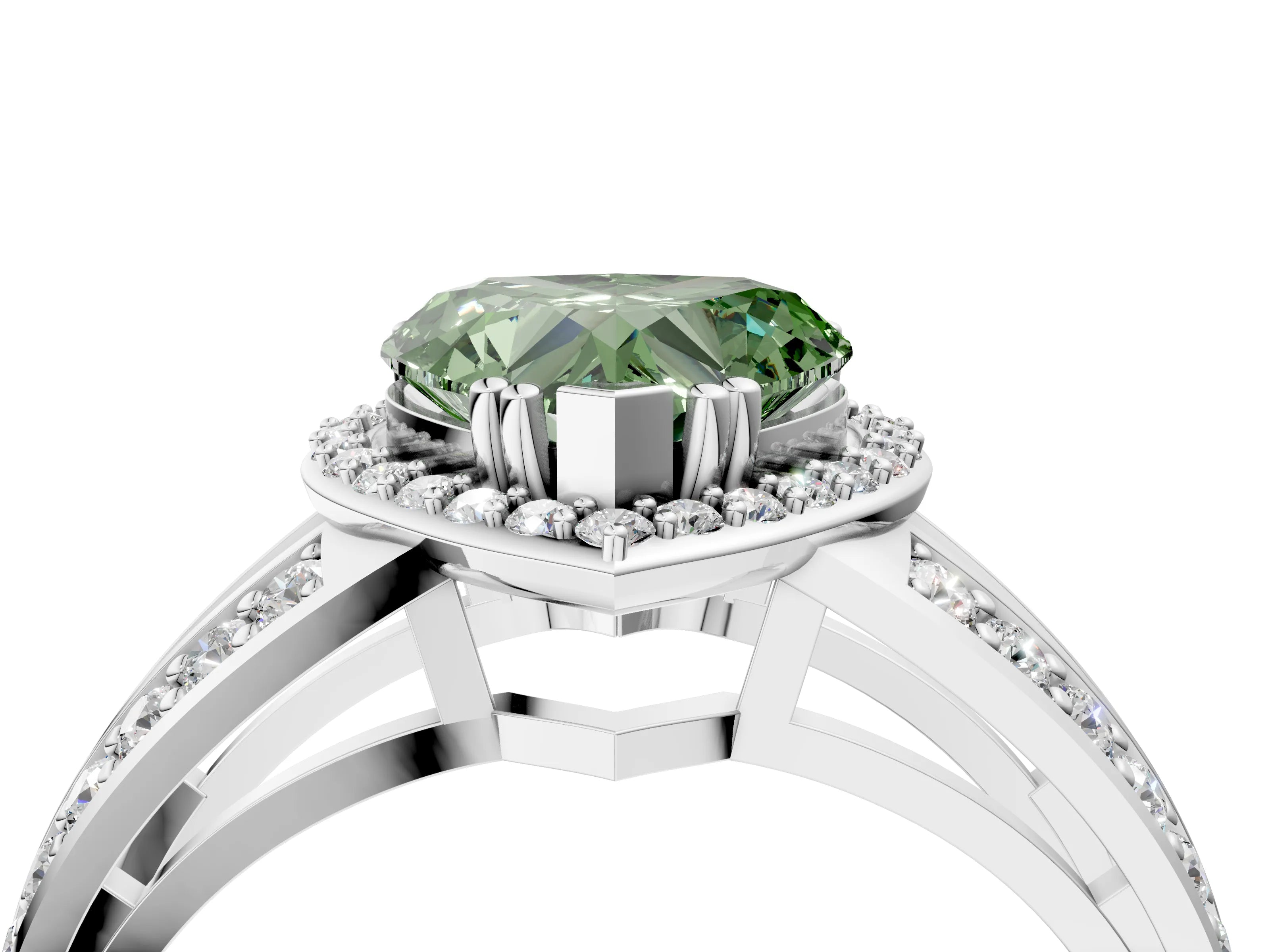 White gold Fancy Green Heart Cut Diamond Halo Ring with Split Shank Pavé Band and Four-Prong Setting_41