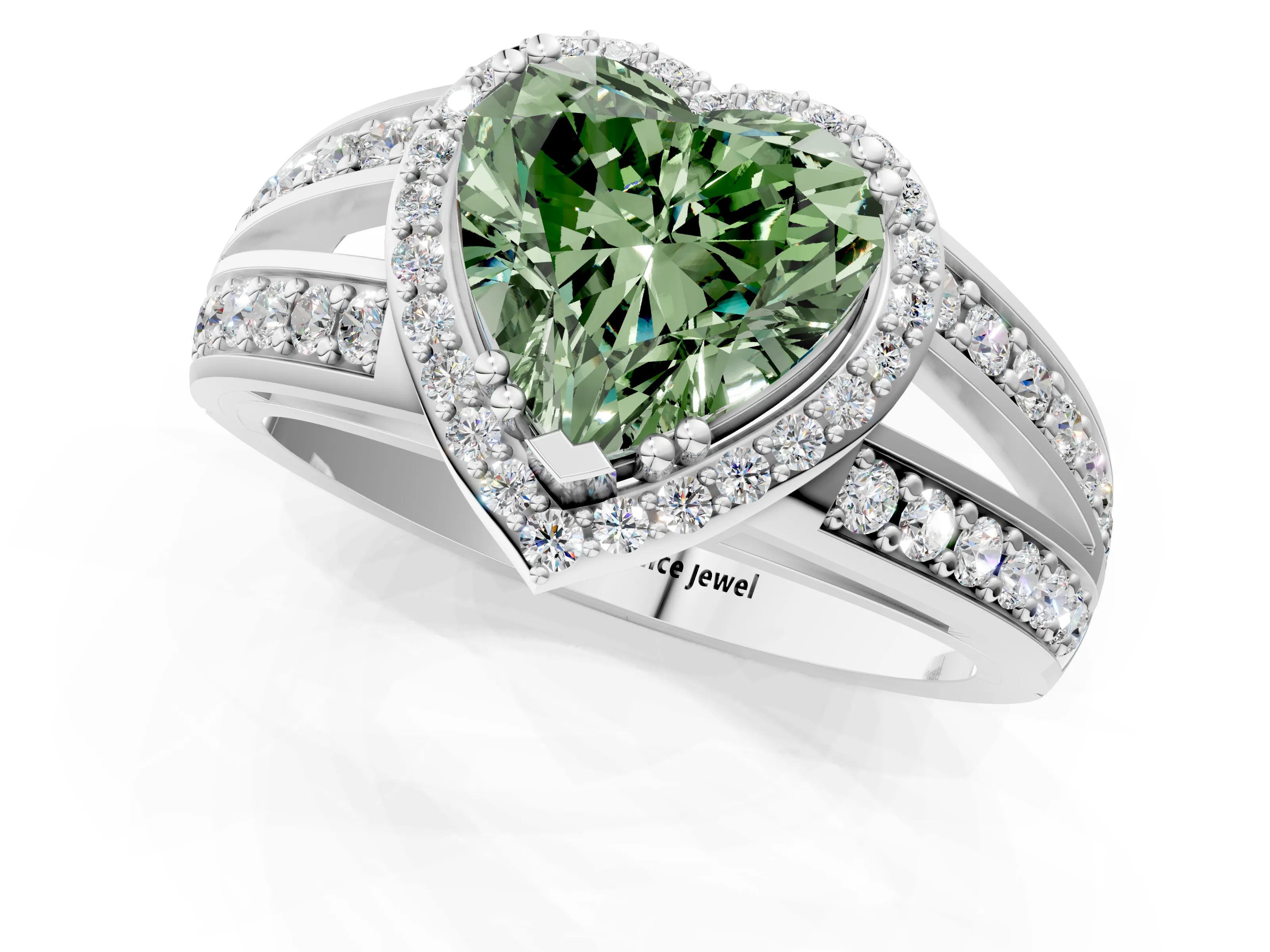 White gold Fancy Green Heart Cut Diamond Halo Ring with Split Shank Pavé Band and Four-Prong Setting_49