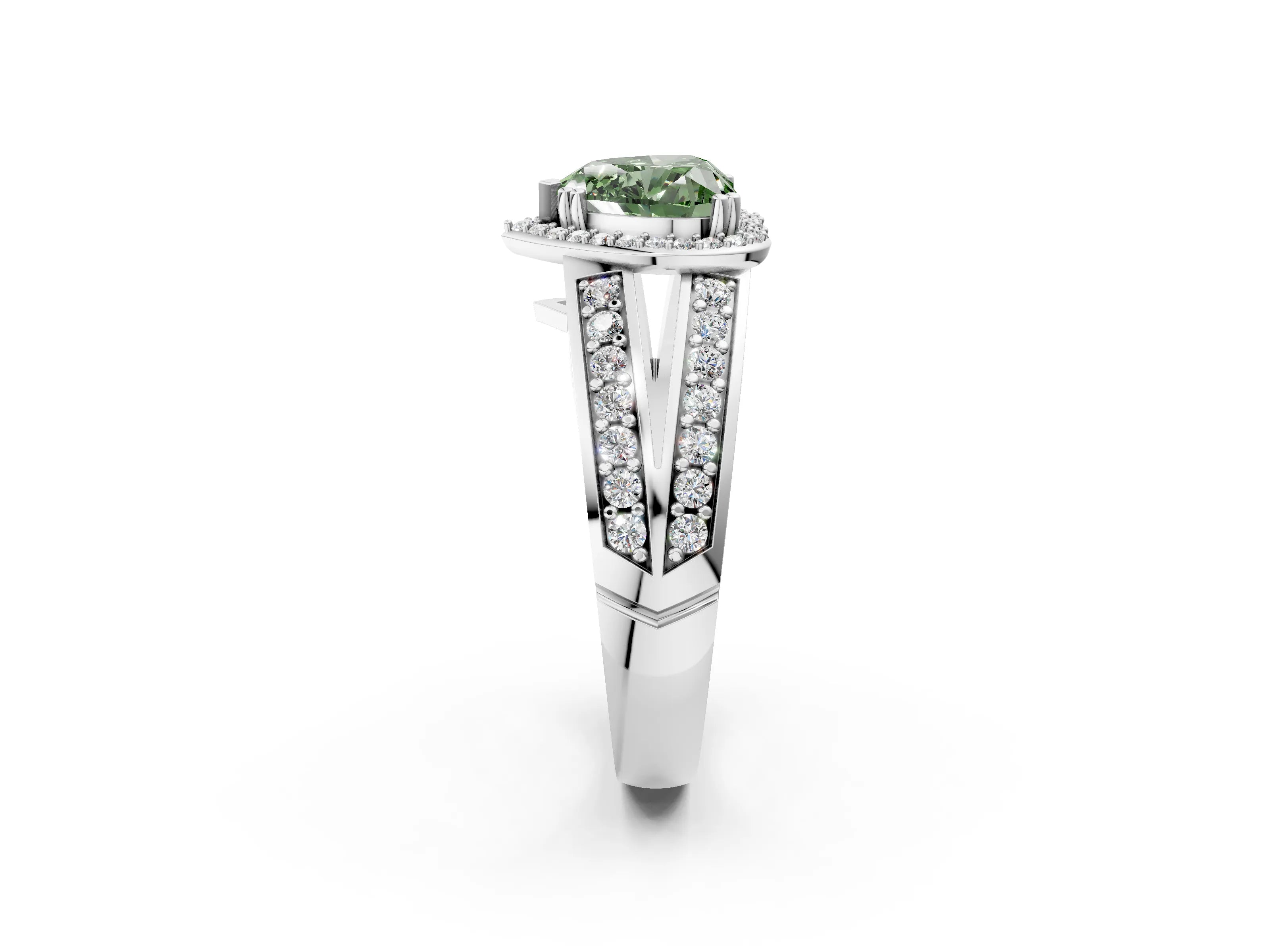 White gold Fancy Green Heart Cut Diamond Halo Ring with Split Shank Pavé Band and Four-Prong Setting_50