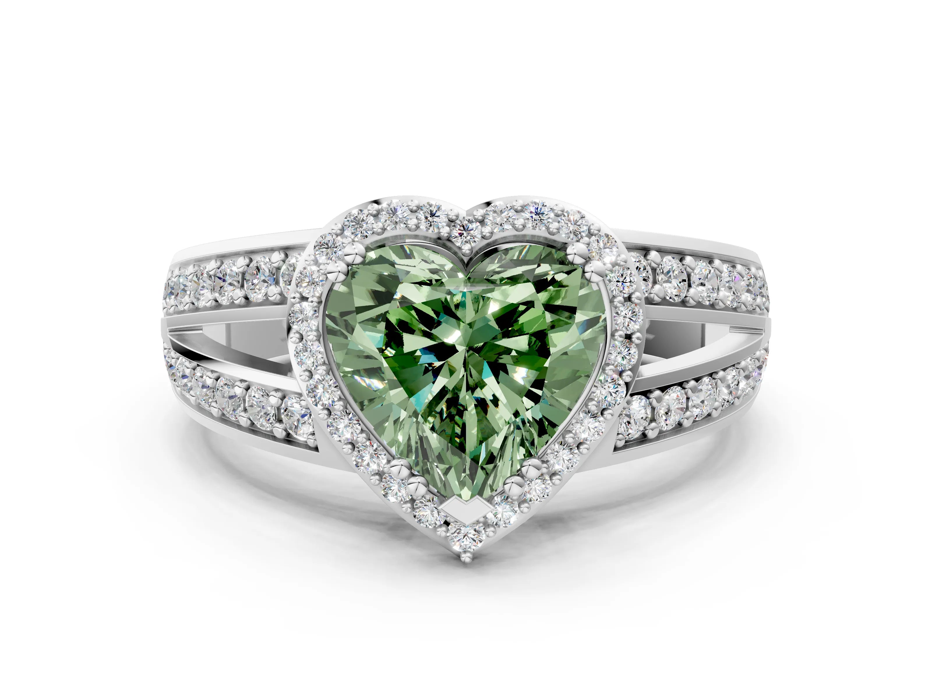 White gold Fancy Green Heart Cut Diamond Halo Ring with Split Shank Pavé Band and Four-Prong Setting