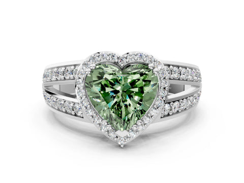White gold Fancy Green Heart Cut Diamond Halo Ring with Split Shank Pavé Band and Four-Prong Setting