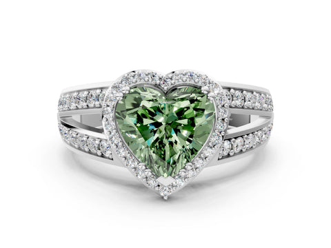 White gold Fancy Green Heart Cut Diamond Halo Ring with Split Shank Pavé Band and Four-Prong Setting_60