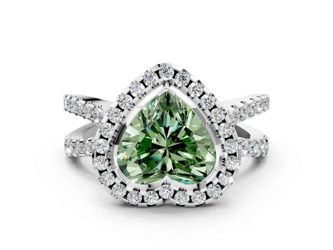 White gold Fancy Green Heart Cut Diamond Halo Ring with Split Shank Pavé Band and Prong Setting_17