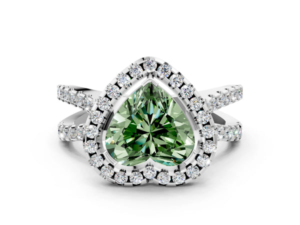 Platinum Fancy Green Heart Cut Diamond Halo Ring with Split Shank Pavé Band and Prong Setting
