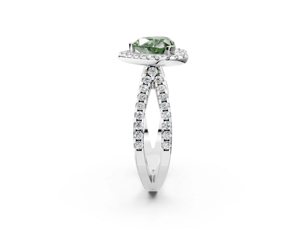 Platinum Fancy Green Heart Cut Diamond Halo Ring with Split Shank Pavé Band and Prong Setting